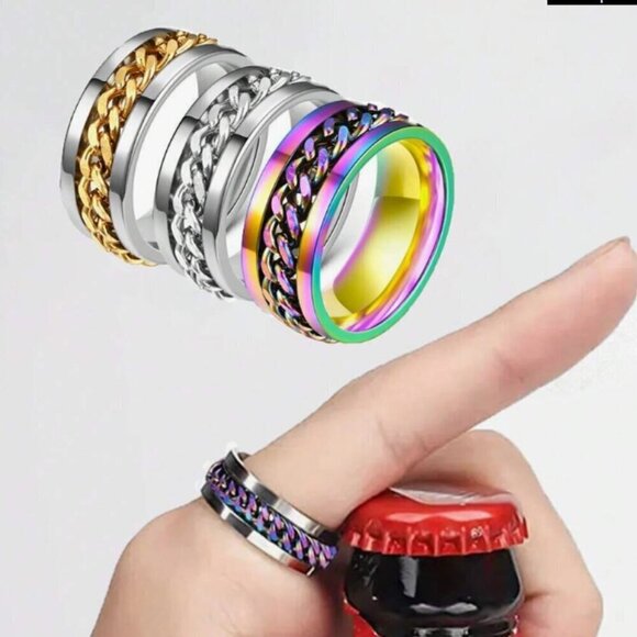 Fidget Ring Iridescent Ring & Chain Inset Stainless - Steel Spinner Ring - Picture 2 of 2